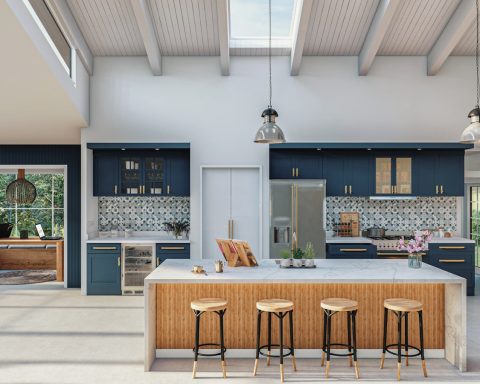 a large kitchen with a center island surrounded by stools